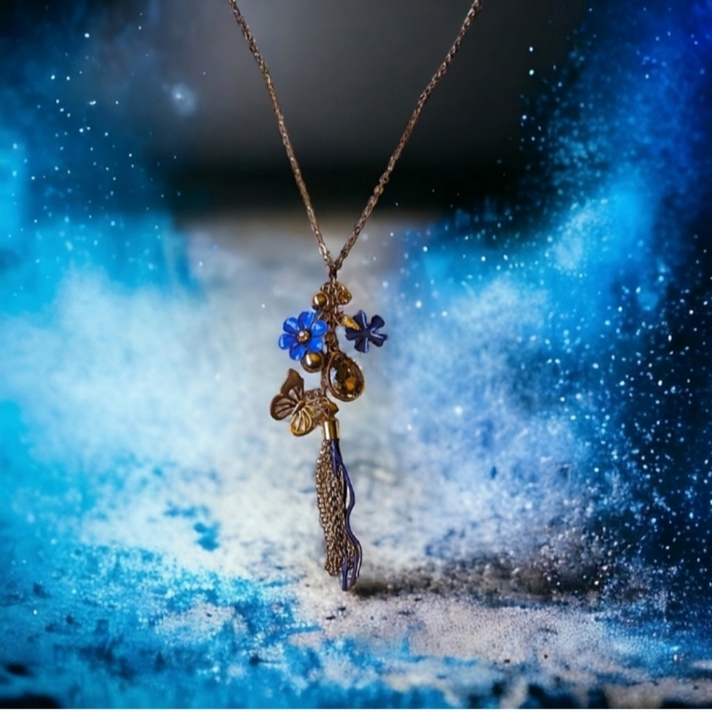 Handmade vintage Y2K pretty blue flower butterfly and rhinestone charm necklace